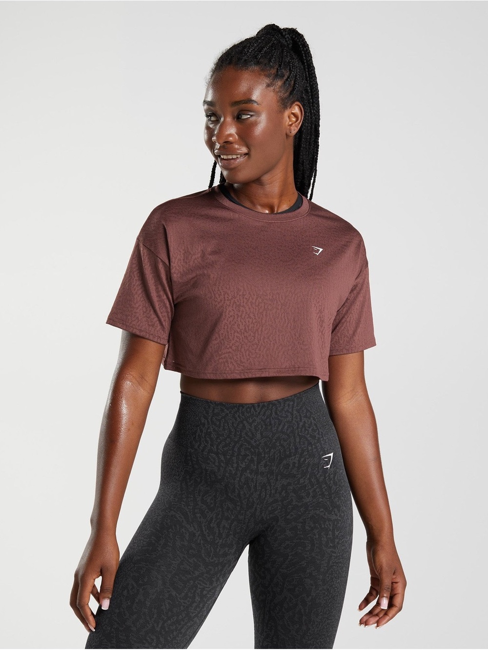 GYMSHARK Adapt Animal Crop Top in Cherry Brown Size Small